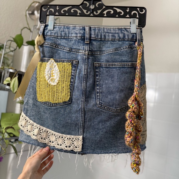 E Denim Mini Skirt Upcycled antique Lace Embellishments but EKA Erika Kelly - Picture 2 of 8